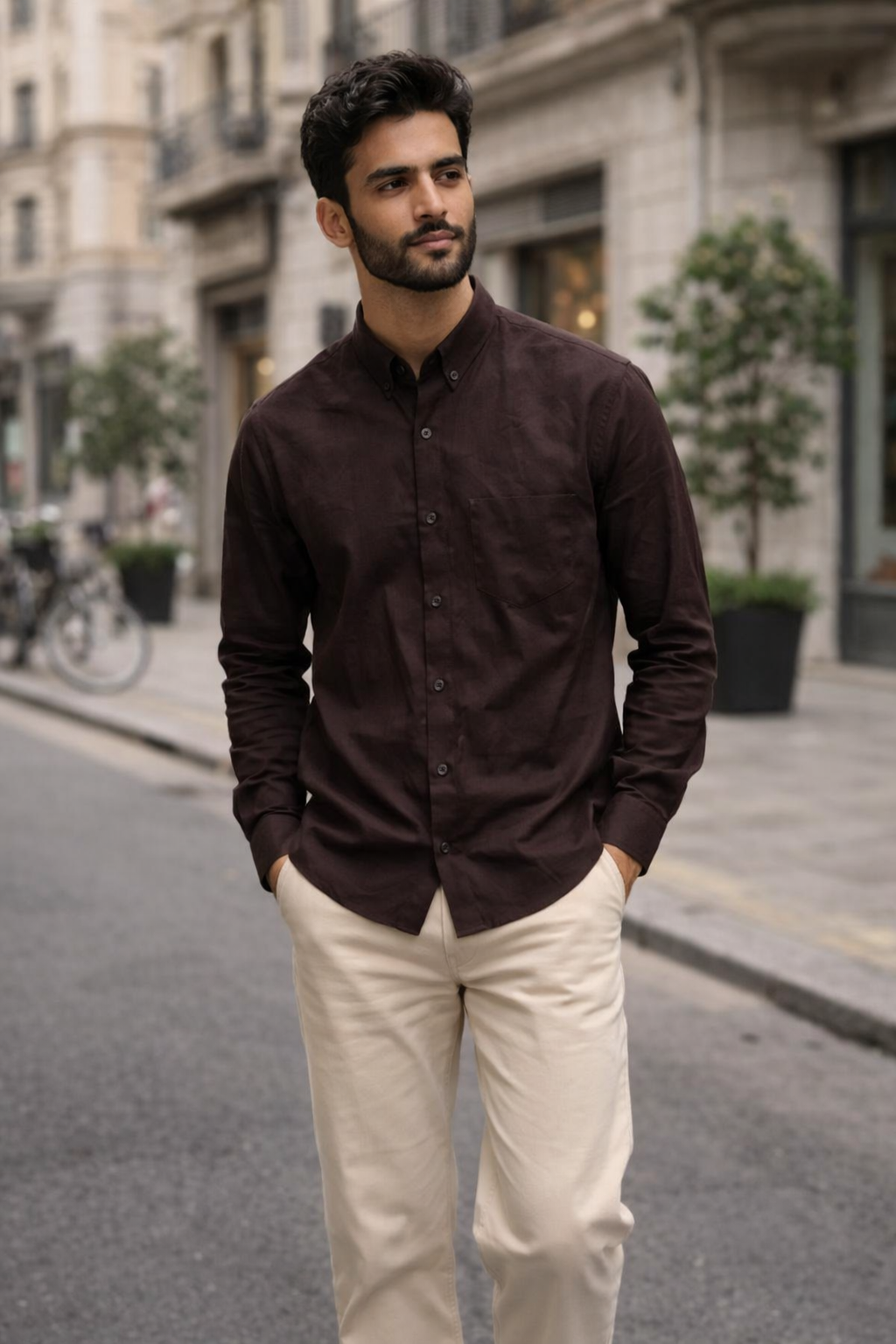 Classic Brown Cotton Shirt with Beige Straight-Fit Pants – Urban Street Combo